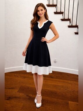 New York & Co. Classic Black and White Cap Sleeve Fit and Flare Dress - Size M